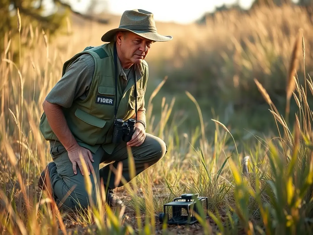 A wildlife biologist monitoring animal populations in a natural habitat, emphasizing conservation efforts.