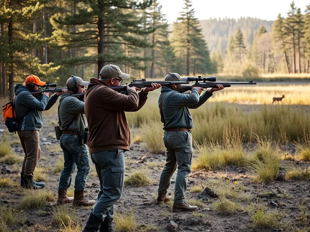 A photograph illustrating the regulated hunting process managed by SOCIETE COMMUNALE DES CHASSEURS DE CAMPS, showing hunters adhering to guidelines and respecting wildlife.