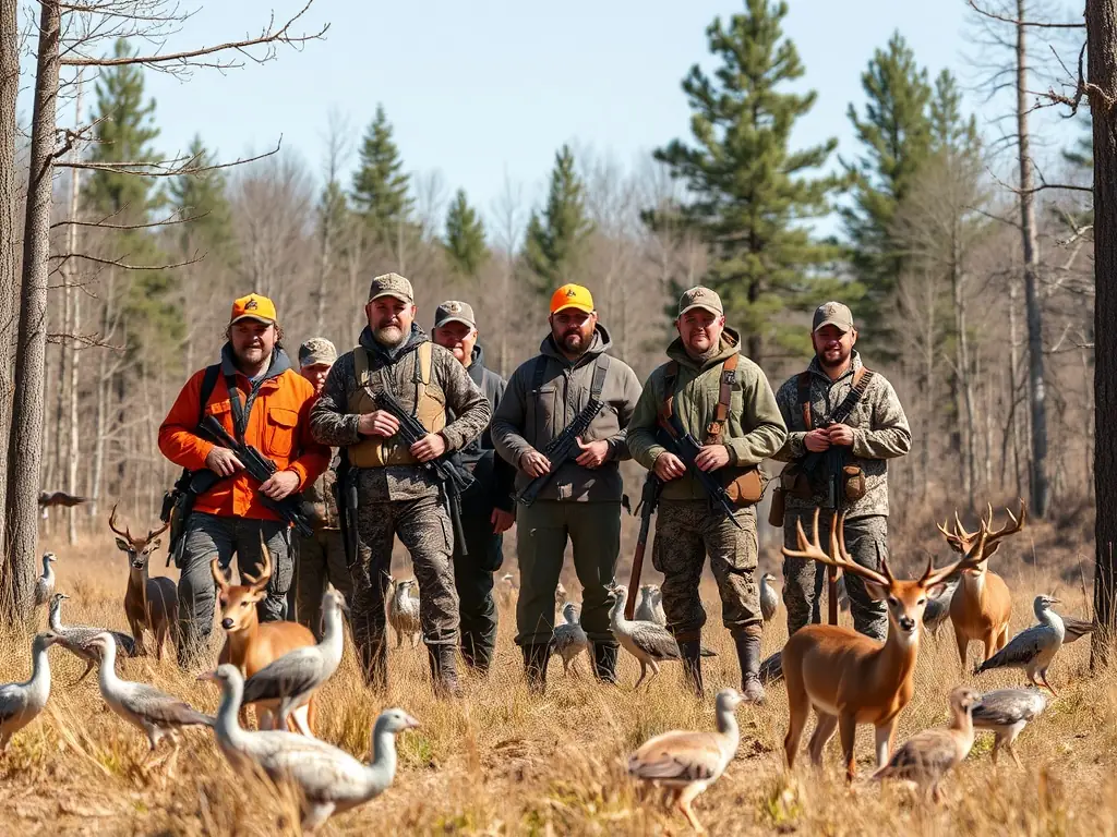 A group of hunters participating in a controlled hunt in a forest, focusing on sustainable hunting practices.