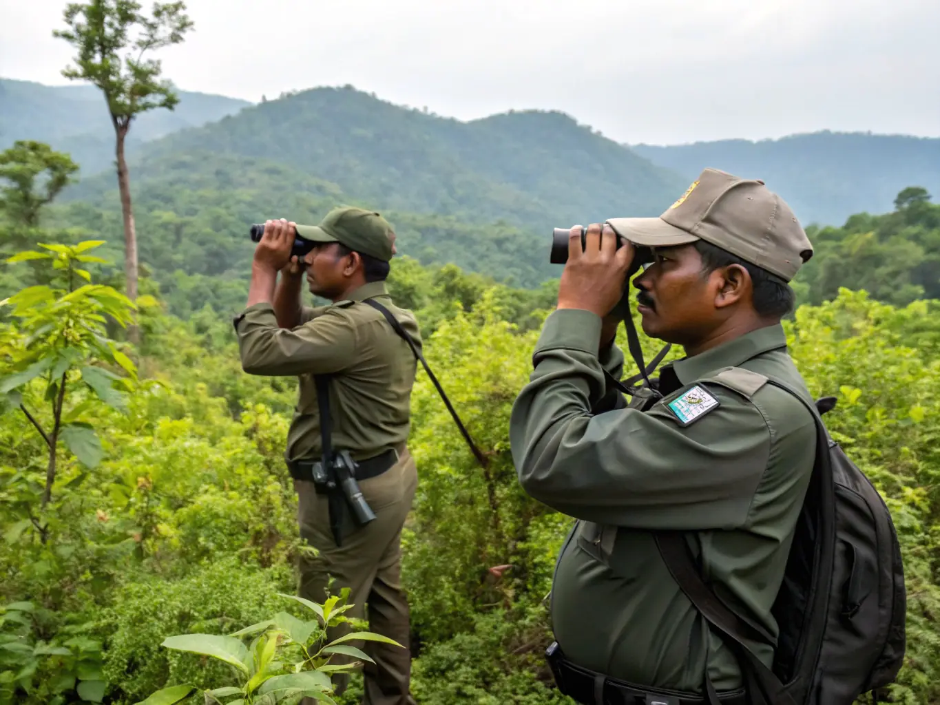 An image of rangers monitoring wildlife in a lush forest, illustrating active conservation efforts.