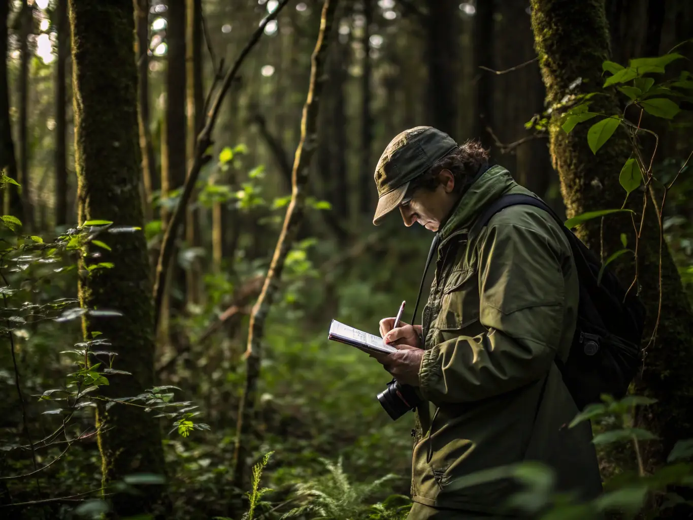 A wildlife biologist examining a deer in a forest setting, with tools and equipment visible, representing game management and conservation efforts.