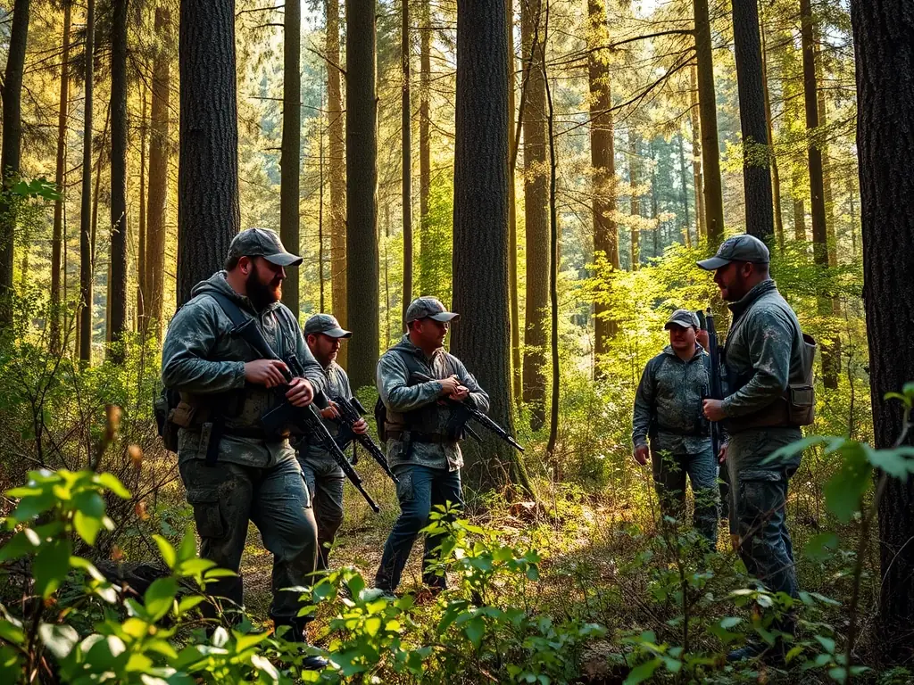 A photograph depicting members of SOCIETE COMMUNALE DES CHASSEURS DE CAMPS participating in a wildlife monitoring activity in the forest, using binoculars and recording data.