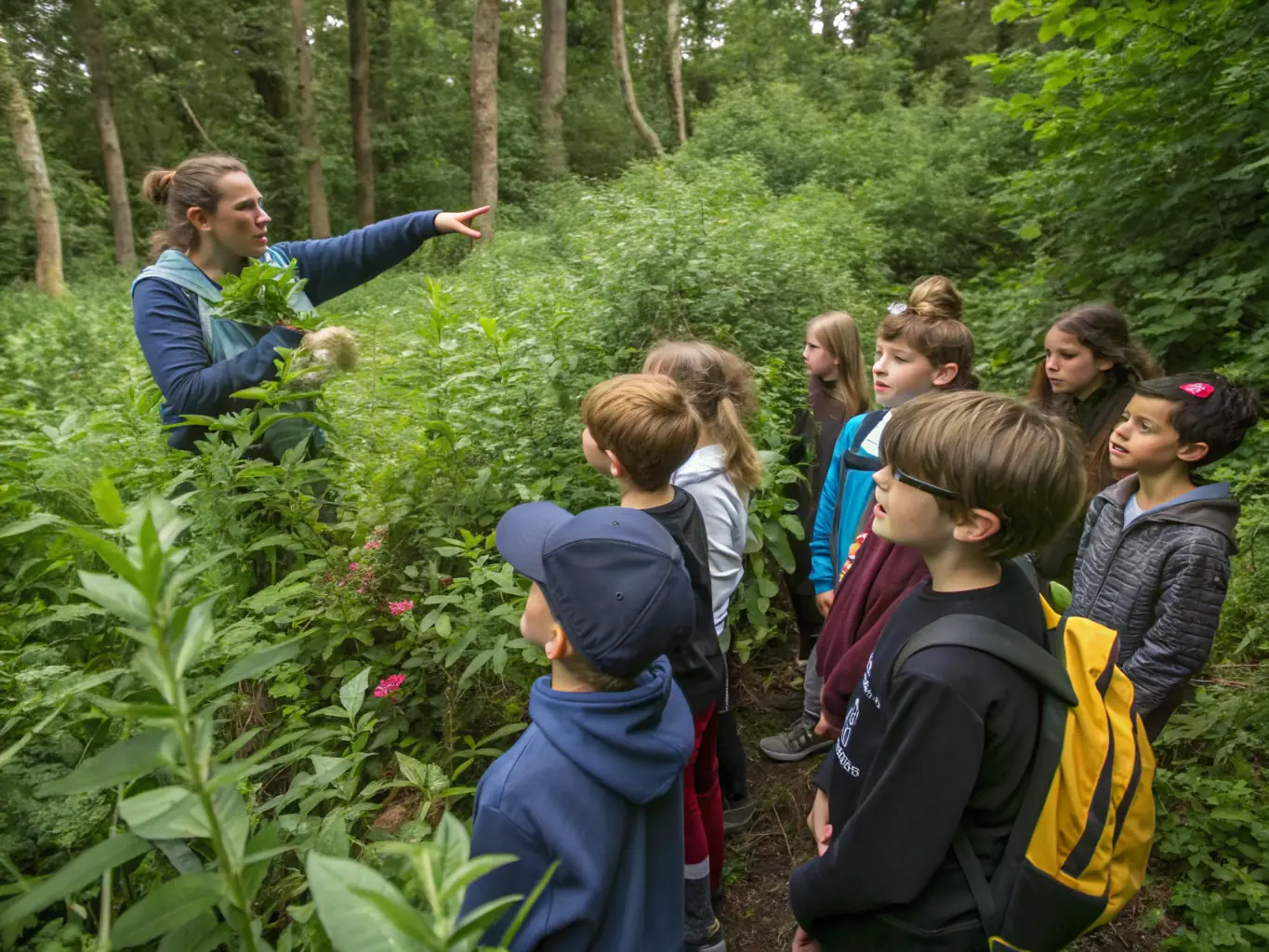 A photograph showing participants in an environmental education workshop organized by SOCIETE COMMUNALE DES CHASSEURS DE CAMPS, learning about local flora and fauna.