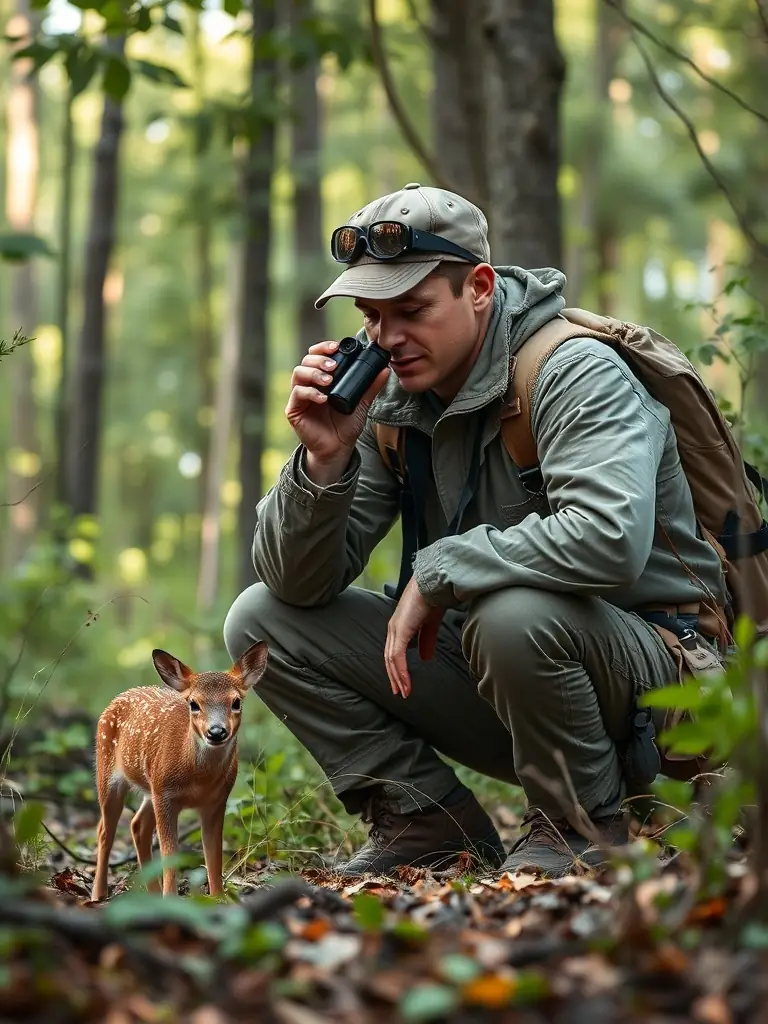 A focused image of a conservationist monitoring animal populations, highlighting the organization's role in maintaining ecological balance.