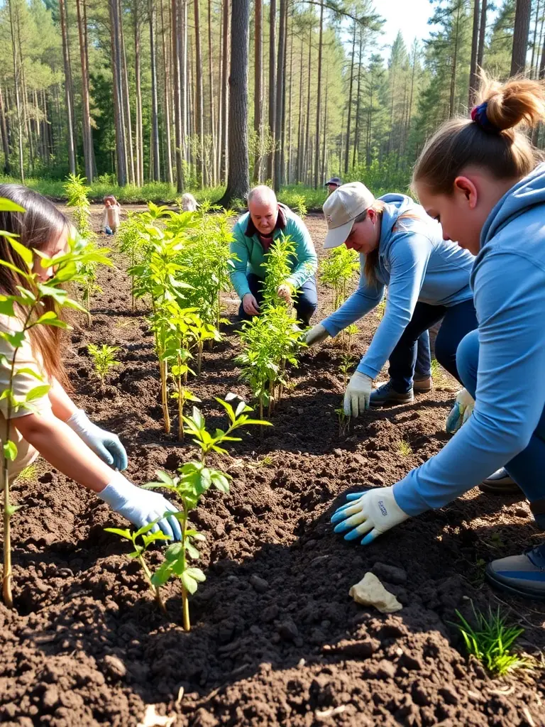A vibrant photo of community members planting trees together, representing the organization's focus on environmental stewardship.