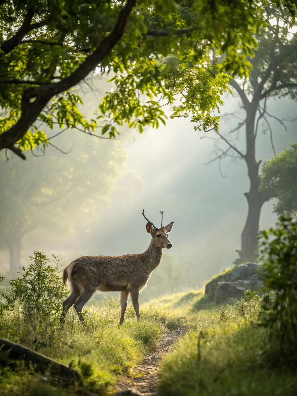 A serene image of a deer grazing peacefully in a forest clearing, symbolizing the organization's commitment to wildlife preservation.