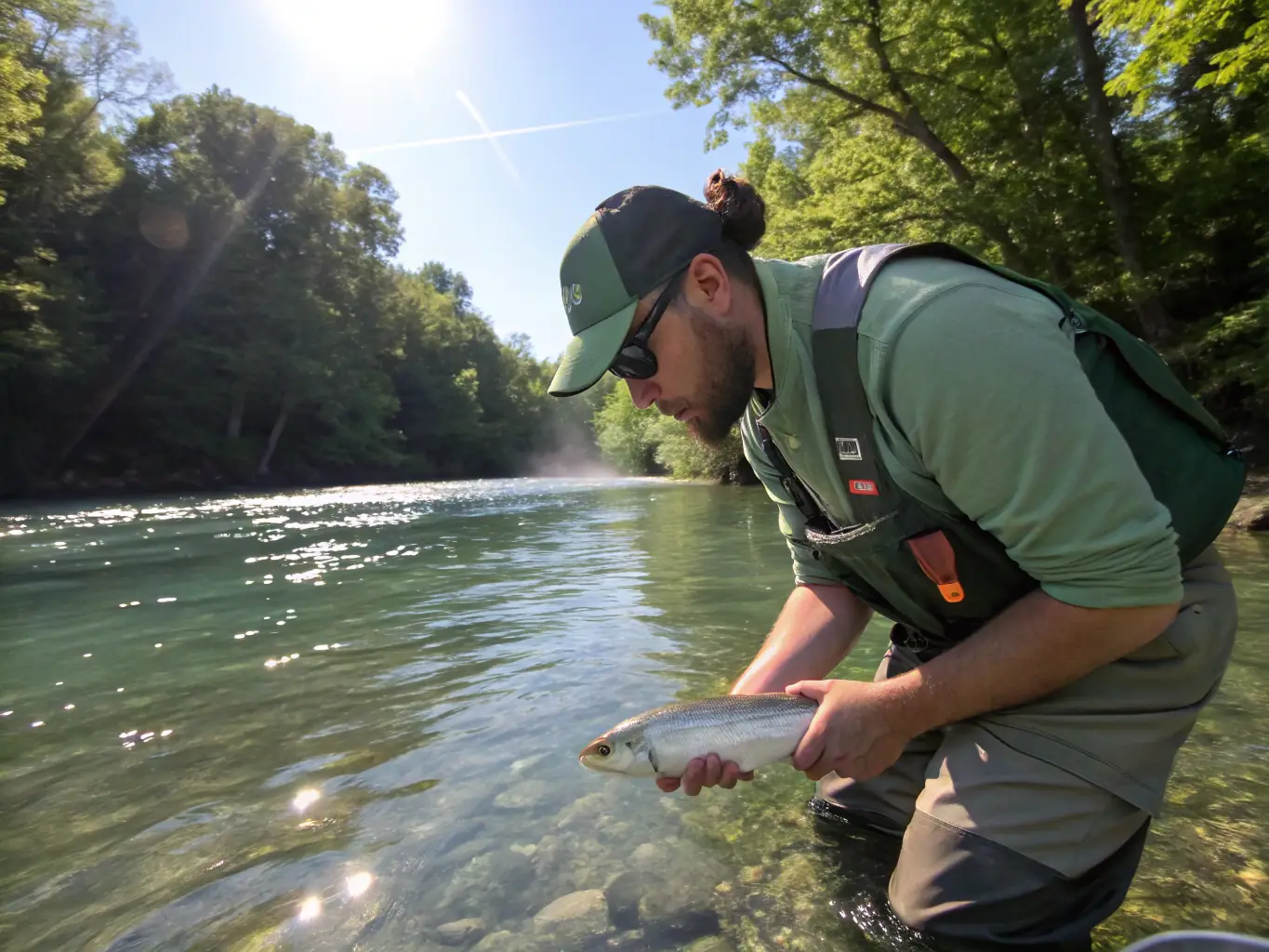 A conservation officer releasing a tagged bird into the wild, with a backdrop of lush greenery and diverse wildlife, representing species regulation and conservation.