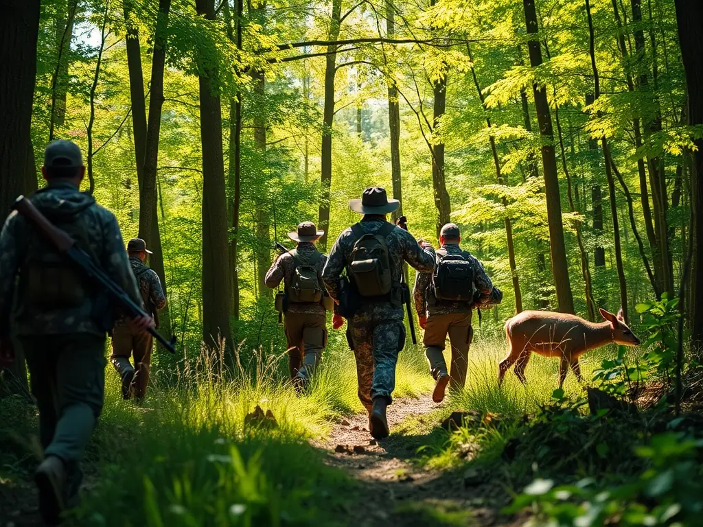 A group of hunters in camouflage gear walking through a forest, carrying hunting rifles, with sunlight filtering through the trees, representing sustainable hunting practices.