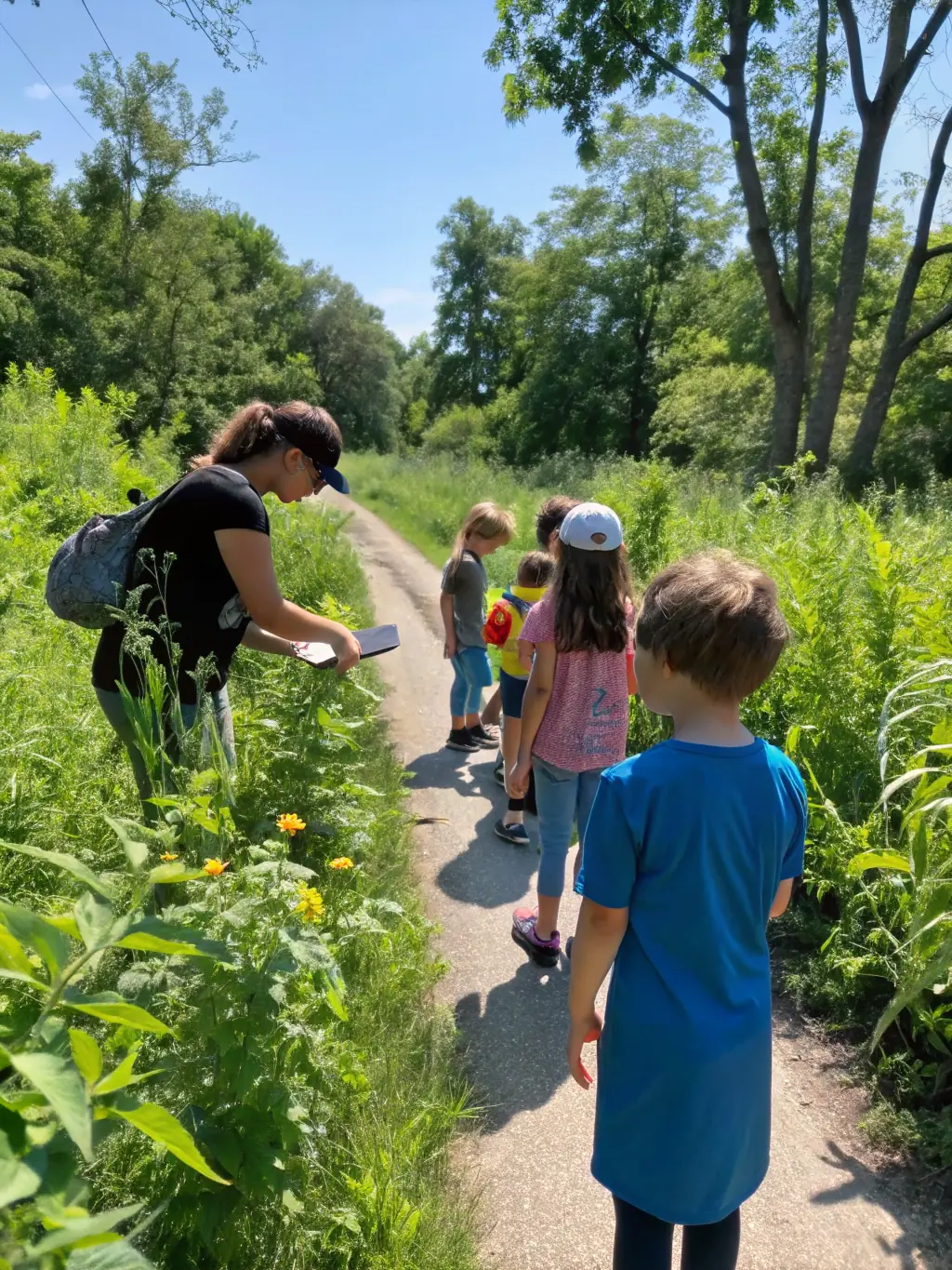 A heartwarming image of a group of children learning about nature in a SOCIETE COMMUNALE DES CHASSEURS DE CAMPS workshop, emphasizing community engagement.